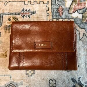 Fossil Brown Leather Folding Wallet bifold ID Holder Snap Wallet Money Pouch